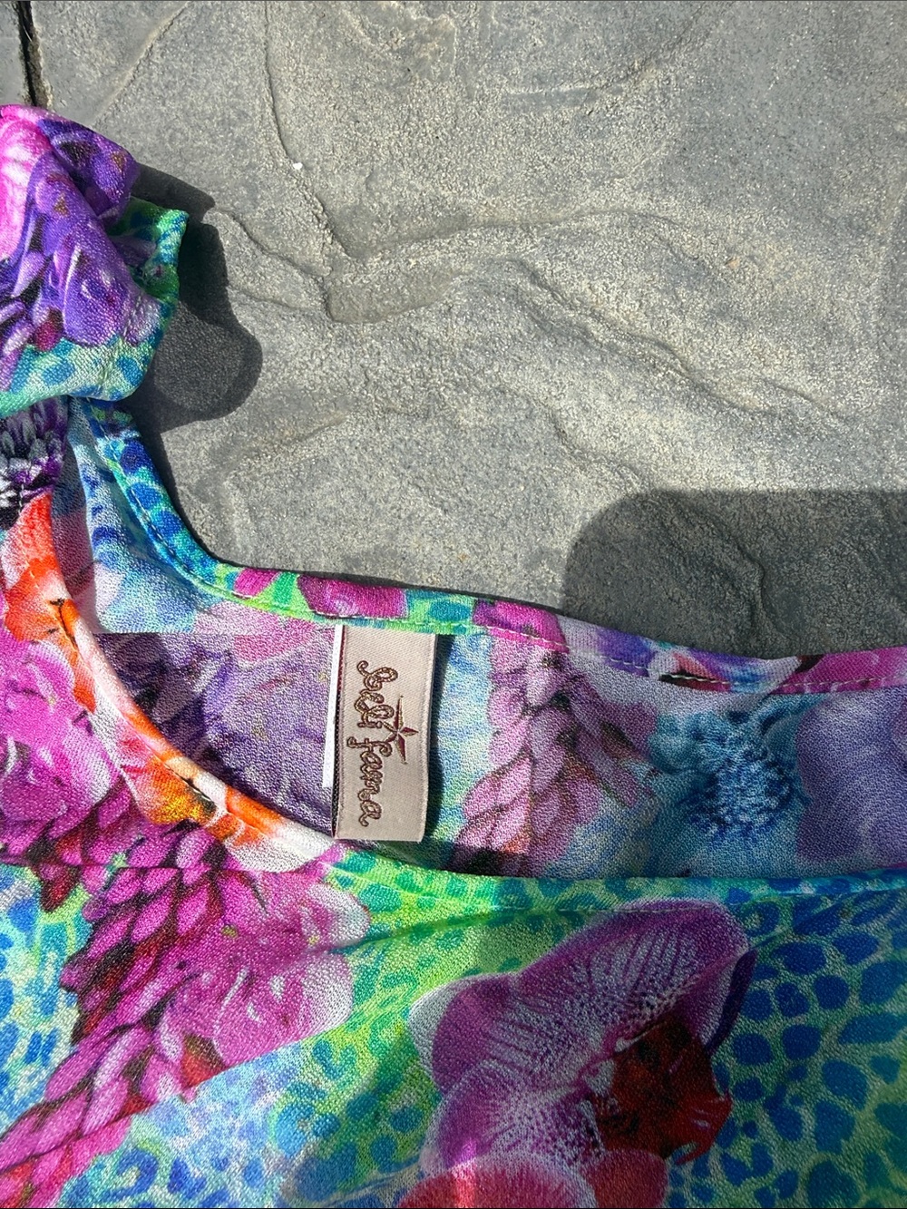Luli Fama size SM coverup. Vibrant Floral Tunic Dress in Aqua & Purple - Picture 4 of 9
